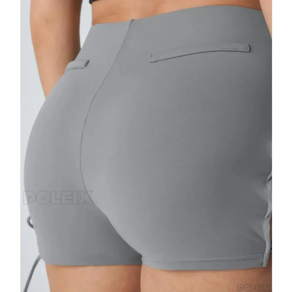 Halara Gray Lace Up High Waisted Shorts Side Tie Stretch Size L NWT